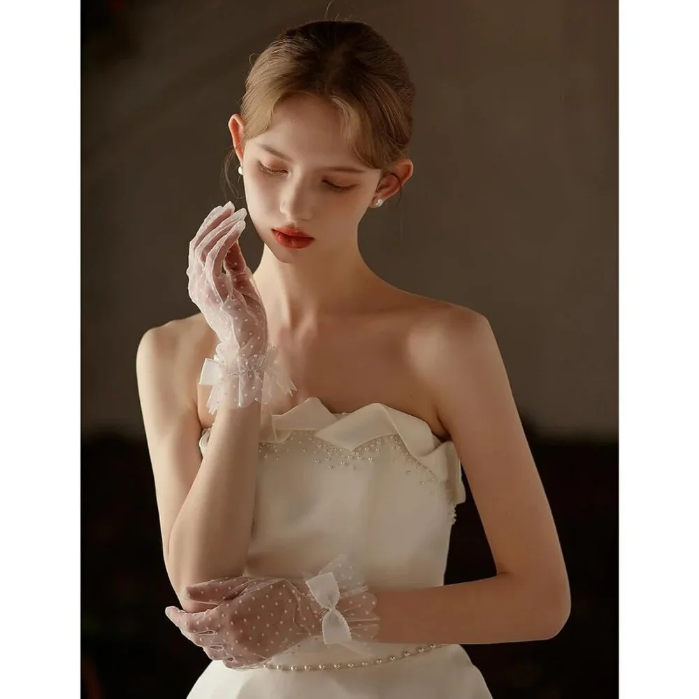 Women's Blue Short Polka Dot Lace Bow Mesh Party Wedding Bridal Gloves Prom